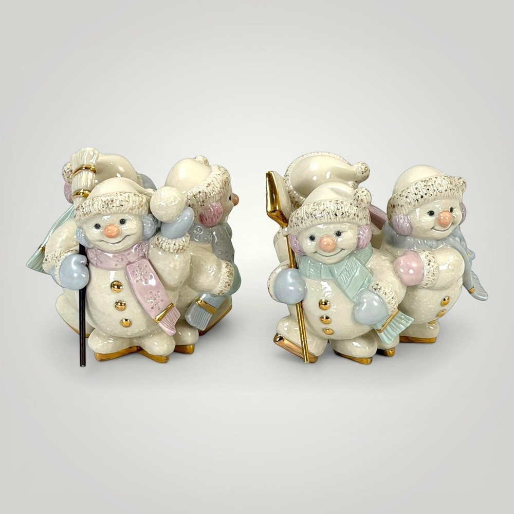 Lenox Snowman Candle Holders Set Of 2 Christmas 4" Porcelain Pastel Gold Trim‎